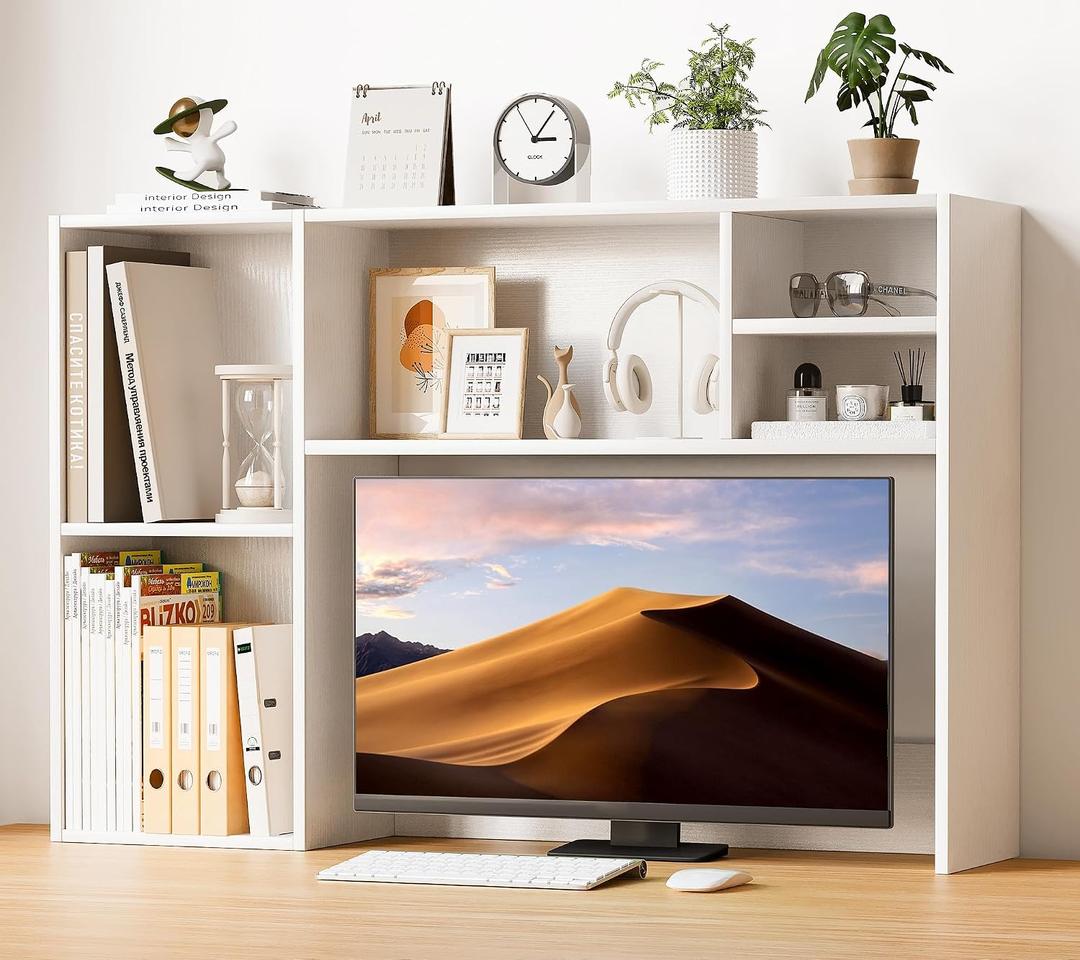 ZIFTY Desk Hutch with 6 Shelves, 37.4" Desktop Bookshelf Organizer for Monitor up to 27", Hutch Top for Computer Desk, Countertop Storage Shelf Wood Display Rack for Office Home Dorm, White, 37.4*8.67*27.6in
