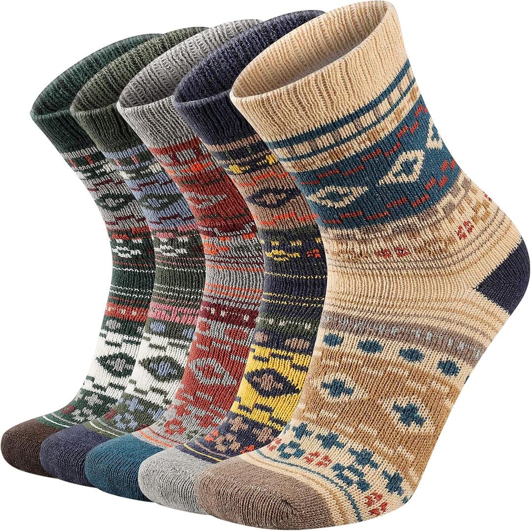 COOVAN Mens Wool Socks 5 Pairs Warm Thick Winter Wool Socks for Men Hiking Cozy Knit Thermal Crew Socks (One Size, Color 01)