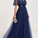 Formal Dresses for Women Prom Evening Gown Sequin Tulle V Neck Ruffle Short Sleeve Empire Waist A Line Long Dress (L)