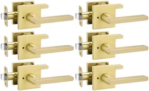 Goldenwarm Gold Door Handles Interior, Zinc Alloy Heavy Duty Brushed Gold Interior Door Handles for Bedroom Bathroom, Modern Square Privacy Door Levers (3 Pack)