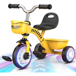 Tricycle for Toddlers 1-3 3-5 Year Olds, Construction Vehicle Toys Road Set Toddler Baby Balance Bike with Colorful Lighting Wheels & Large Basket, Birthday Gift and Toy for 1 2 3 4 5 Year Olds Boys (Yellow)