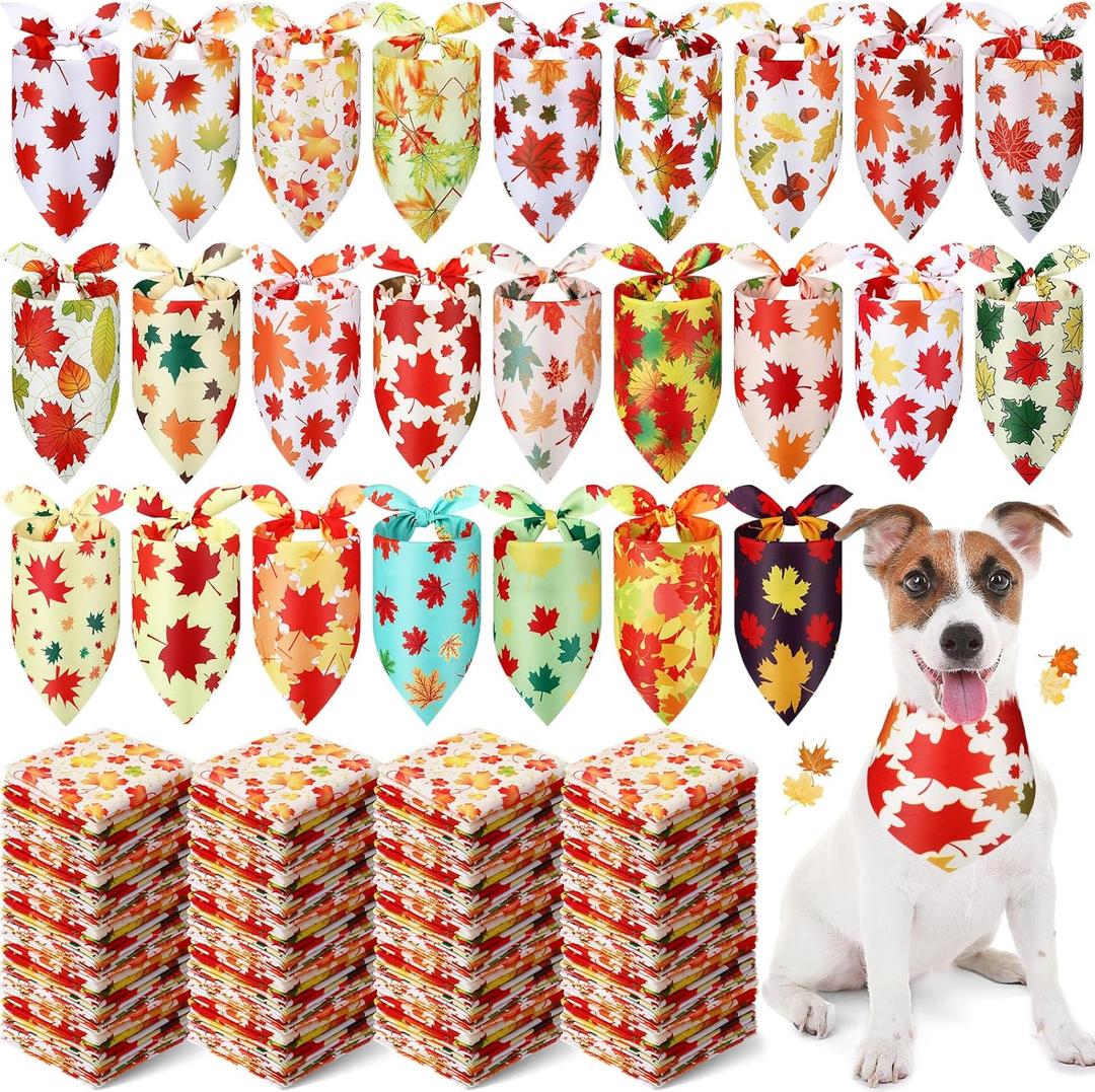 Abbylike 200 Pcs Fall Thanksgiving Dog Bandana Bulk Maple Leaves Bandana for Dogs Triangle Kerchief Bib Scarf for Pets Autumn Costume Photo Props Accessories Pet Shops Adoption Event, 25 Styles (Orange, Yellow,White)