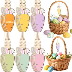 Youyole 24 Pcs Easter Basket Name Tag Personalized Wooden Bunny Carrot Hanging Sign Gift Tags Blank Rabbit Carrot Cutouts with Beads Twine Spring Gifts Tags for Easter Party DIY Craft Home Decor