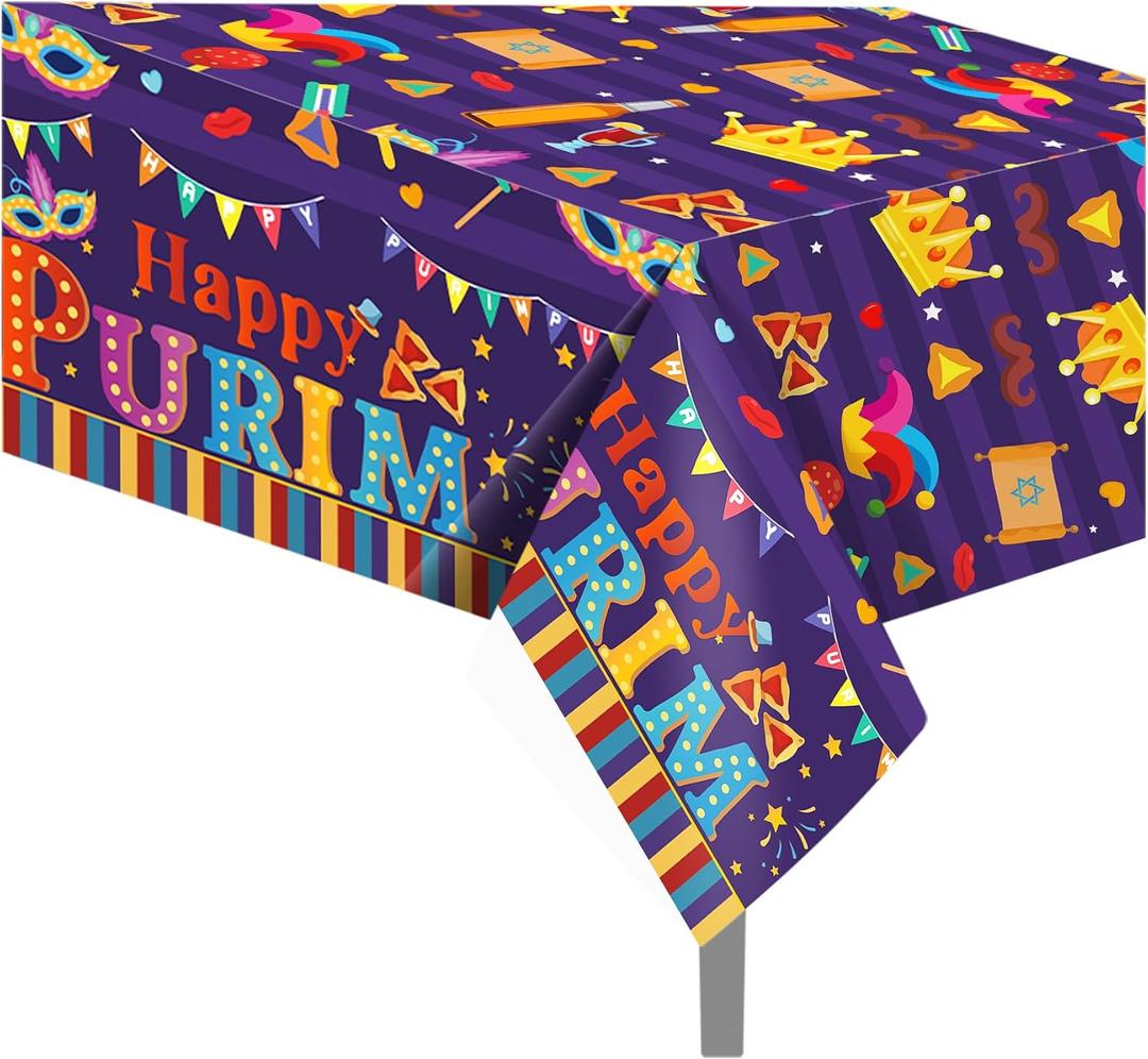 2 Pack Disposable Happy Purim Tablecloths - 54x87In Jewish Carnival Themed Table Covers with Mask Crown Hamantaschen Design for Kids Baby Shower Jewish Holiday Party Supplies Outdoor Picnics