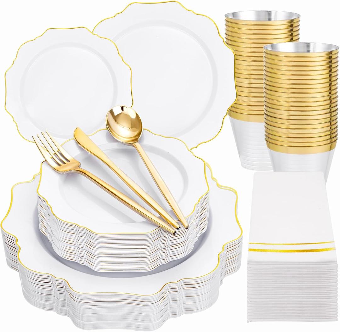 WDF 175Pcs Gold Plates Disposable - White and Gold Plastic Plates 25guest Plastic Dinnerware Ideal for Party/Wedding/Ramadan/Spring/Mother's Day
