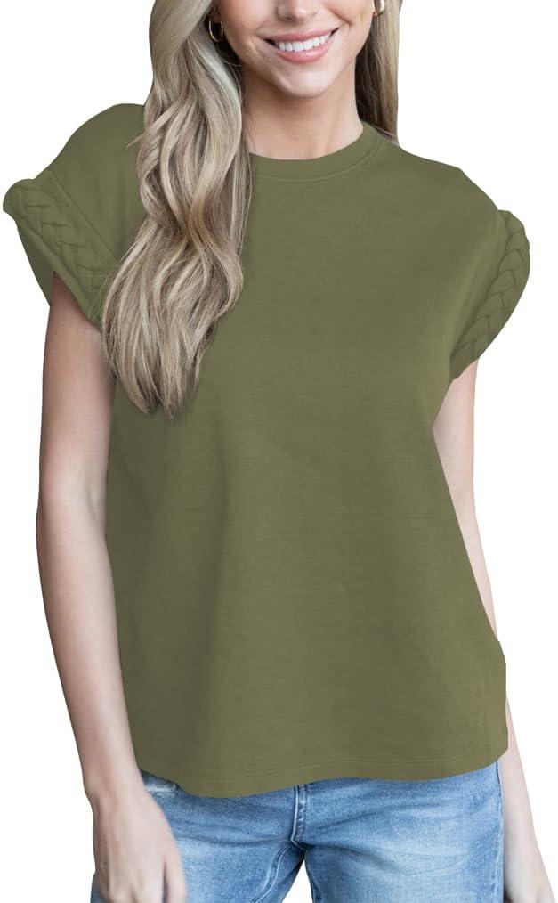 Women's Braided Detail Muscle Tee Cap Sleeve Tank Top Crew Neck T Shirts Loose Fit Basic Summer Casual Tee Tops Army Green XXL