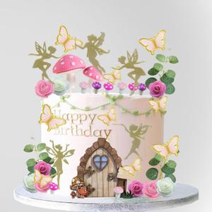39PCS Fairy Cake Toppers Fairy Cake Decoration Pink Mushroom Door Butterfly Flowers Cake Decoration Fairy Garden Topper for Fairy Party Birthday Baby Shower