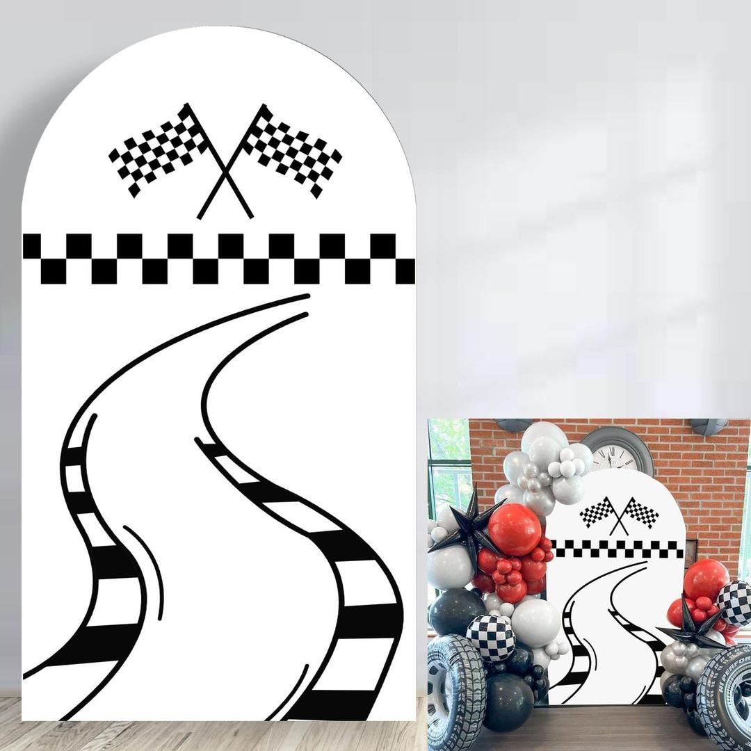 Lrrtwer Racing Theme Arch Backdrop Cover (7.2FT) - Black and White Spandex - Baby Shower Occasion