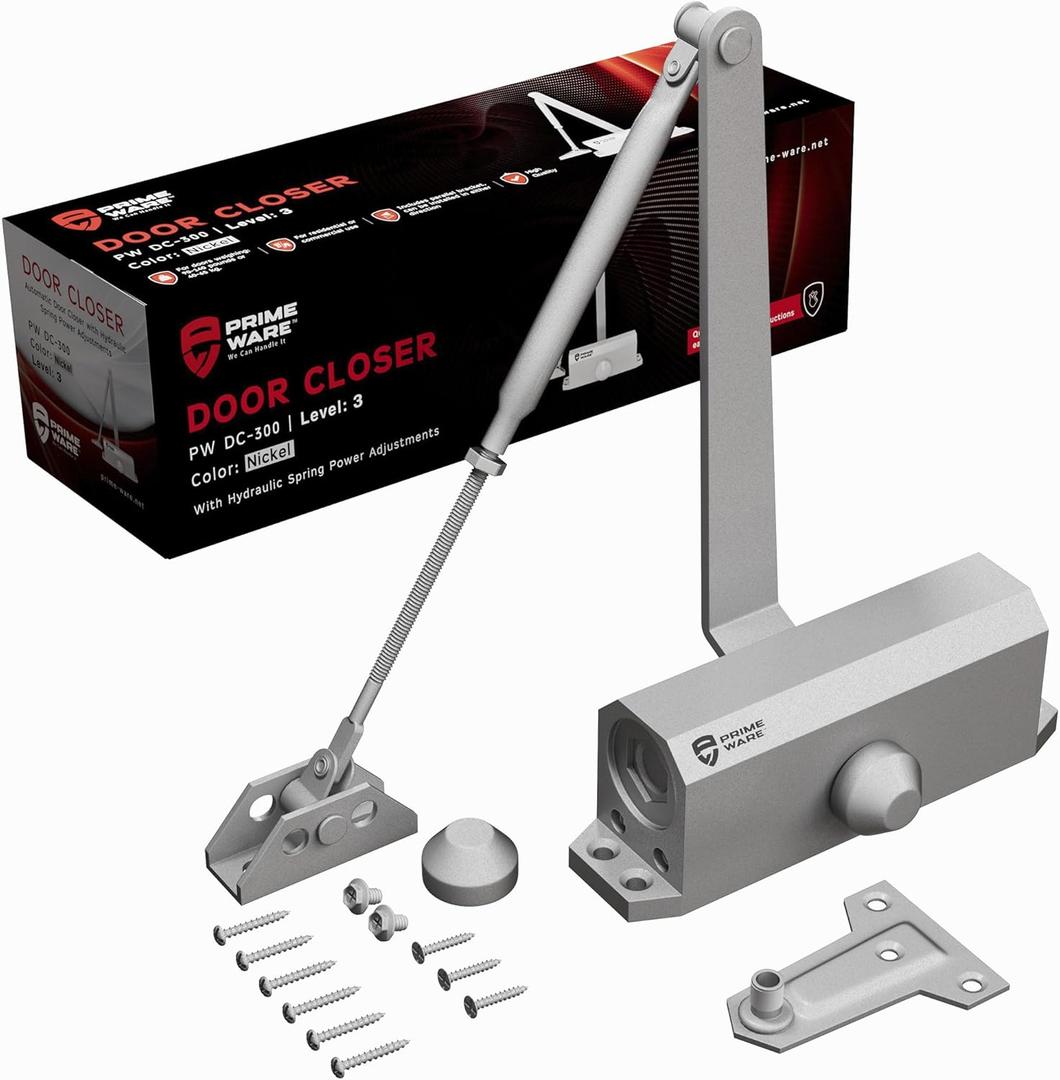 PrimeWare DC-300 Automatic Adjustable Door Closers for Home | Soft Close, No Slam | Residential and Commercial Door Closer | Level 3 | for Doors Weighing 90-140 lbs | Hydraulic Door Spring - Nickel
