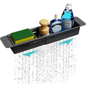 NiHome Extendable Over Sink Kitchen Organizer, Small Telescopic Brush Storage Rack for Sponge, Non-Slip Pads Expandable Sink Caddy, Adjustable Sponge/Brush Rack with Drainage Durable ABS (Black) (Standard Length)