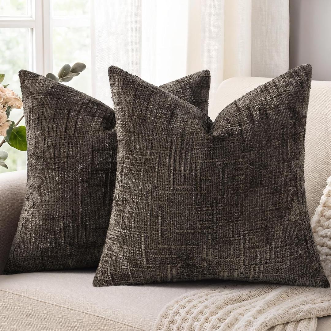 decorUhome Spring Dark Brown Chenille Throw Pillow Covers 18x18 Set of 2 Textured Soft Cozy Slubby Couch Pillow Covers Modern Farmhouse Boho Decorative Pillow Cases for Bed Sofa Living Room