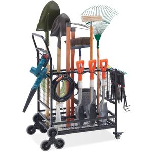Lauren&Harold Garden Tool Organizer for Garage, Yard Tools Storage Rack with 2 Stair-Climbing Wheels, Gardening Tool Storage Holder for Garage, Yard, Lawn and Outdoor, Garden Tool Rolling Cart