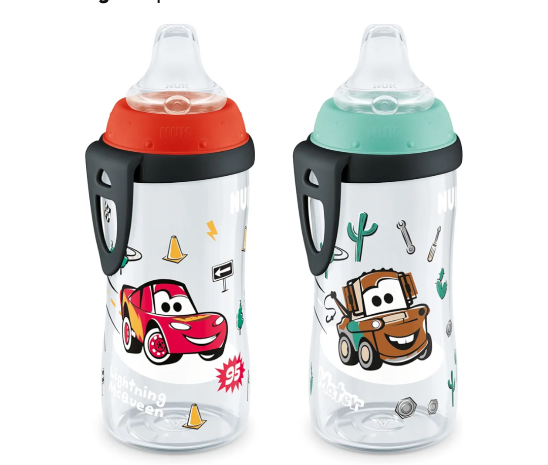 NUK Active Sippy Cup, 10 oz, 2 Pack, Disney's Cars, Lightning McQueen, BPA-Free, Spill-Proof, Transition Cup