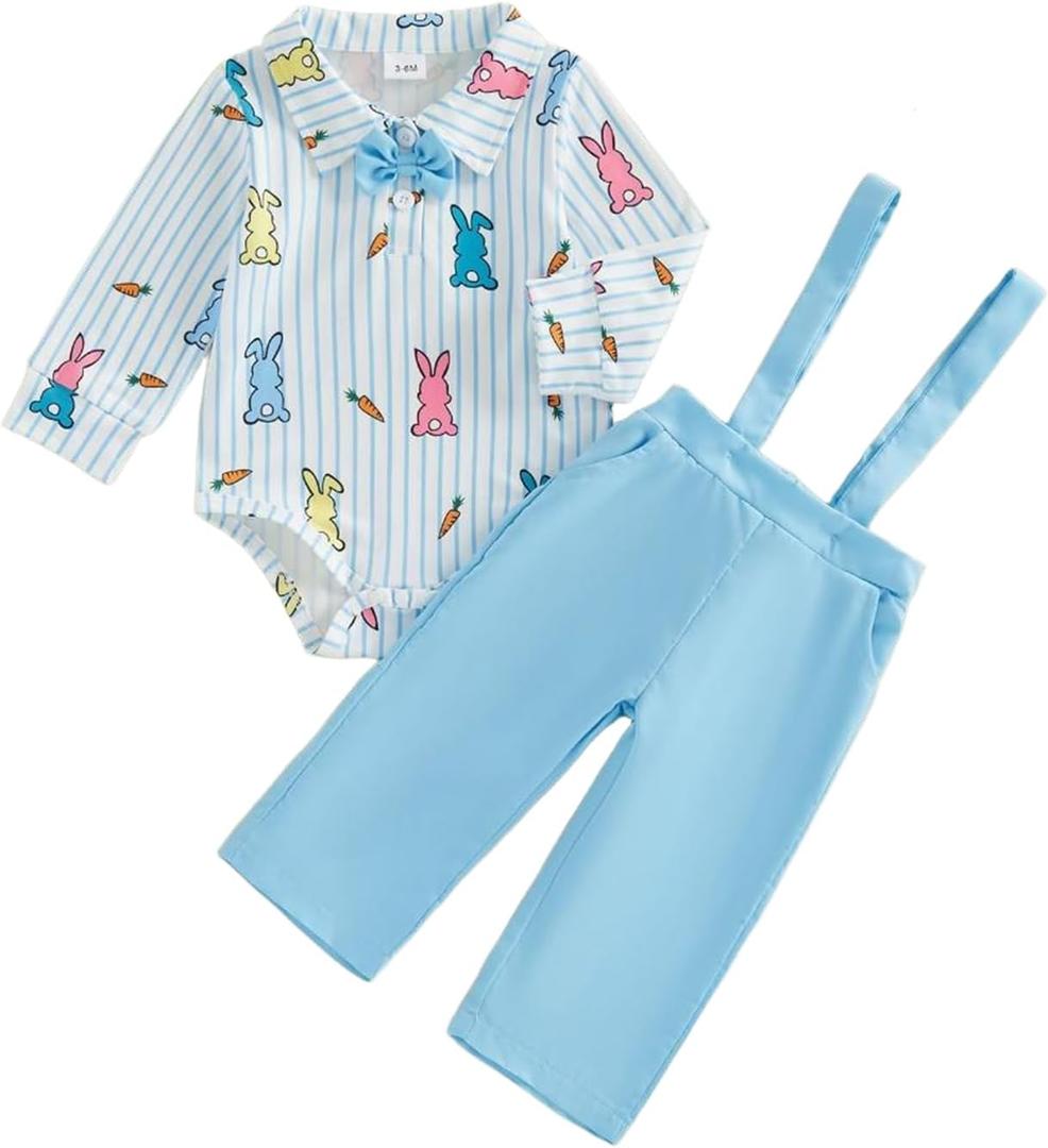 Infant Baby Boy Easter Outfit Bunny Print Bowtie Dress Romper and Suspender Pants Gentleman Suit (12-18 Months, Sky Blue)