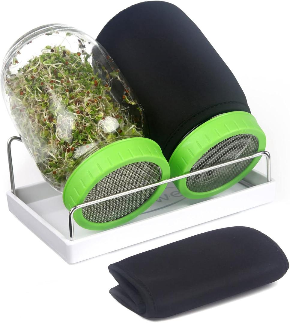 Seed Sprouting Jar Kit with Wide Mouth Mason Jars, Premium Stainless Steel Screen Sprout Lids, Blackout Sleeves, Tray and Sprouter Stand - Growing Broccoli, Alfalfa, Mung Beans and More