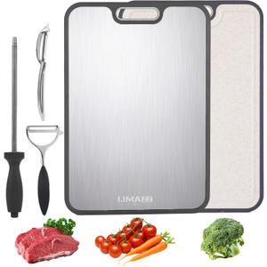 Titanium Cutting Boards for Kitchen, New 2026-5-in-1 Pure Titanium & Wheat Straw PP Board with Knife Sharpener and 2 Fruit Peelers, Large 16 x 11 Inch