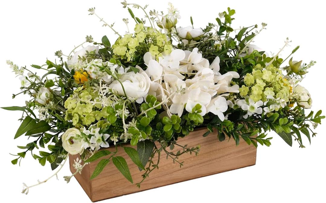 Spring Easter Centerpiece for Table, 18" L Lifelike Artificial Flowers in Rustic Whitewashed Rectangular Wood Box, Lush Spring Faux Floral Arrangement Farmhouse Mantel Shelf Kitchen Island Decor