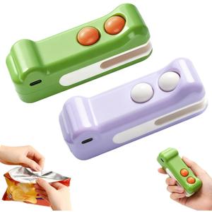 2 in 1 Mini Bag Sealer with Cutter and Magnet,Portable Handheld Rechargeable Heat Sealer, Crocodile Design Portable Sealing Machine Small Package Sealer for Chip Snack & Food Storage Travel(2pcs) (Green,Purple)