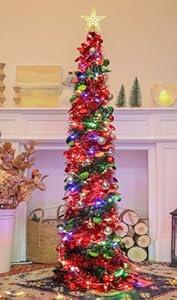SINTENILL 5 FT Pop Up Christmas Tree with Timer Lights and Decorations, Red Green Tinsel Christmas Tree with 24 Ball Ornaments, Pencil Tree Collapsible Christmas Tree for Home, Apartment, Office