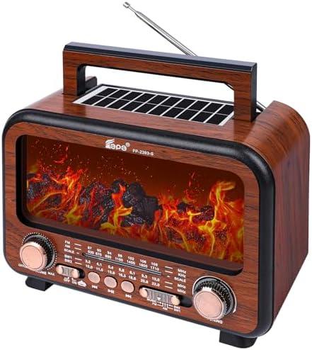 T.TAOMI Retro Portable Radio AM FM SW Shortwave Radio with Bluetooth Speaker,Flame Atmosphere Lamp Battery Operated,SUB Charging, TF Card (Wood Tone)