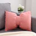 YDBDAT Boho Decorative Throw Pillow Covers with Pom Poms Soft Velvet Pillow Cases Bow Lumbar Pillow Covers 14 x 20 Cushion Case for Bed Couch Living Room Decor Coral