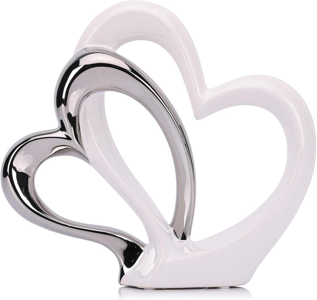 LCCCK Dubble Heart Statue Sculpture - Ceramic Heart Figurines Porcelain, Modern Love Statues Couple Romantic Bedroom Table Mantel Decor - Wedding Valentine Day Ornament (White and Silver)