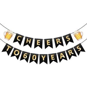 2 x Beer 60th Birthday Banner - Happy 60th Birthday Banners Decorations Pre-Strung Cheers to 60 Years Paper Graland Aniversary Party Supplies for Men Women (Black Gold)