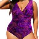 Aqua Eve Women Plus Size One Piece Swimsuits Tummy Control Bathing Suits V Neck Ruched Swimwear Purple Leaves 20W