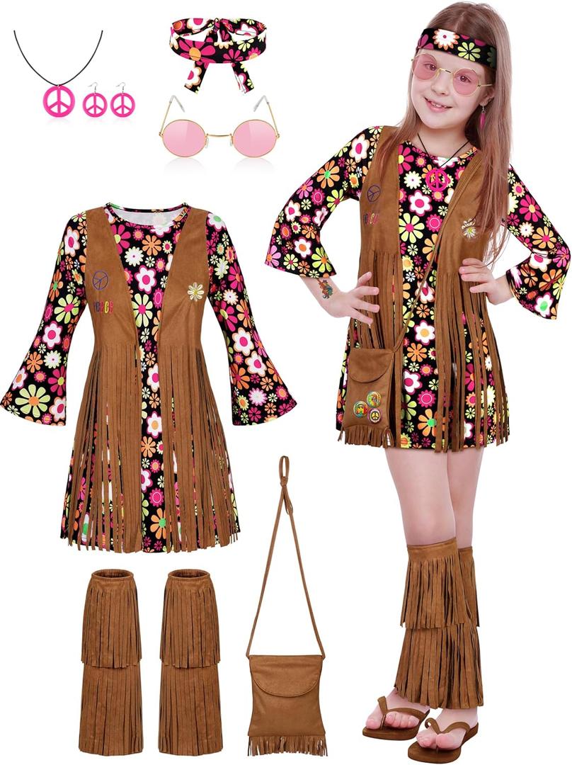 AOTHSO 22 Piece Kids Hippie Costume Set Girls 70s 60s Dress Outfits Vest with Tassel Peace Sign Earring for Halloween Party (Medium, Black)