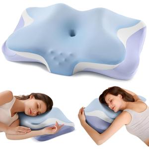 Cervical Pillow for Neck Pain Relief, Cooling Ergonomic Memory Foam Pillows for Sleeping with Luxury Anti-pilling Pillowcase, Contour Orthopedic Neck Support Pillow for Side Back Stomach Sleepers-Blue