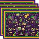 Mardi Gras Placemats Set of 4 18x12 Inch Carnival Fleur De Lis and Masks Linen Place Mat Heat-Resistant Washable Wipeable Table Mat for Party Kitchen Dining Home Decor