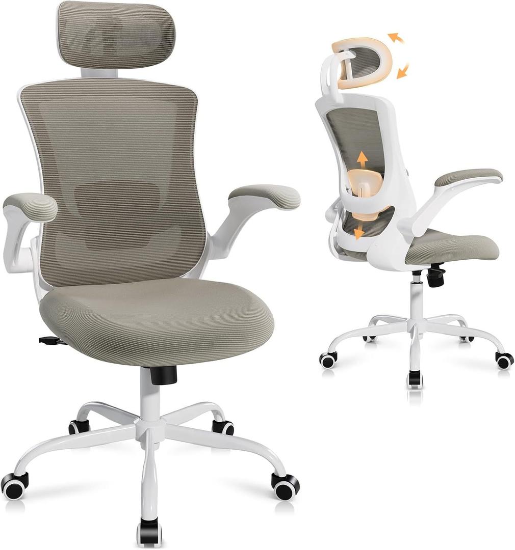 Ergonomic Office Chair with Adjustable Lumbar Support & Headrest, High Back Mesh Desk Chair with Flip-Up Armrests, Breathable & Comfortable Computer Chair for Home, Office & Study, Khaki