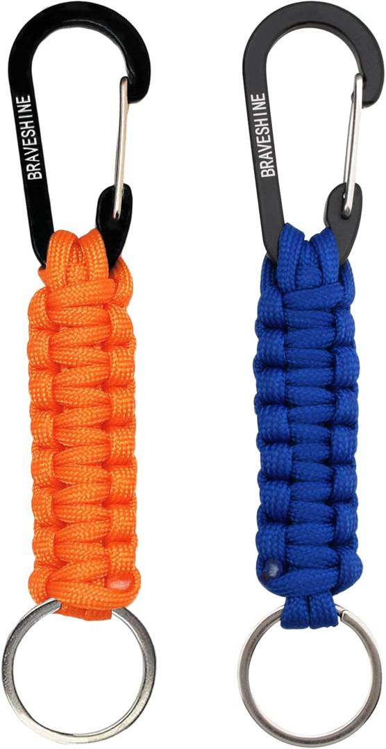 BRAVESHINE Paracord Keychain Carabiner Clip, D Ring Lanyard Hanger Stroller Hook for Water Bottle, Key, Backpacks, Men, Women (1 Orange 1 Blue)