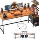 Mericonia Gaming Desk with Storage 60 inch, Computer Desk Gaming with LED Lights & Power Outlets, Reversible Large Gamer Table with PC Case Stand, Fabric Drawers, Office Desk with Shelves (Djk-rustic Brown)