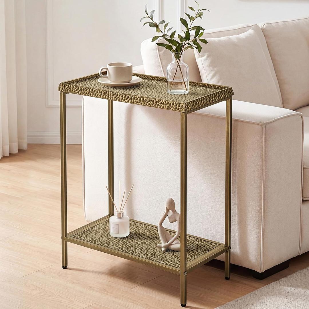 Jorsnovs Hammered Narrow Side Table,2-Tier Brass End Table with Raised Edge