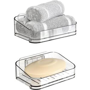 SUOXING Adhesive Bar Soap Holder for Shower Wall,Clear Plastic Soap Savers for Bar Soap,Hanging Soap Rack and Soap Dish Tray for Bathroom with Command,Drill-Free,Pack of 2