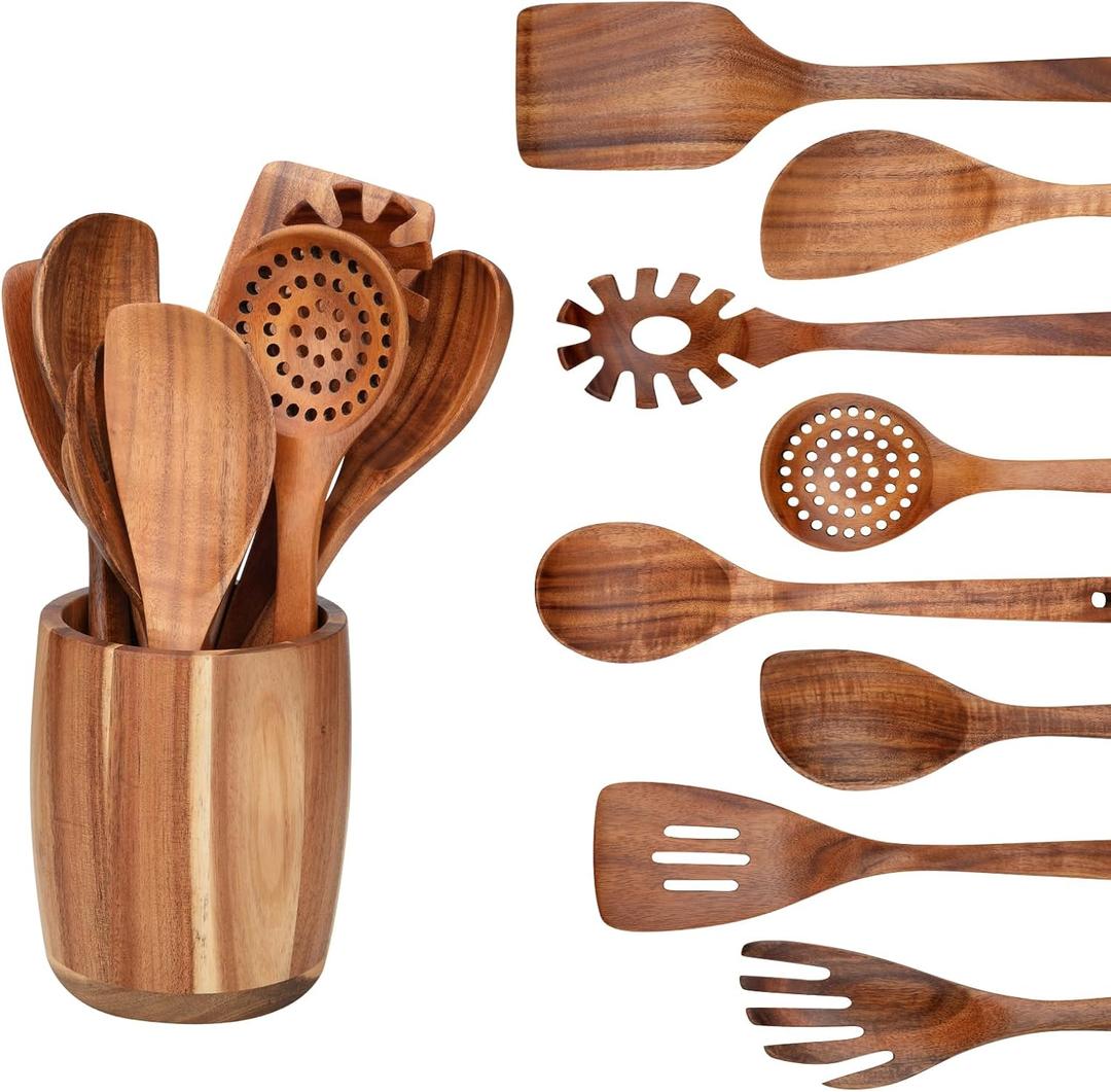 9 PCS Kitchen Utensils Set - Wooden Spoons for Cooking, Natural Teak Wooden Utensils - Includes Wooden Spoons, Spatula Set, Slotted Spoon - Handmade Wooden Spoon Set (12 pieces (Teak))