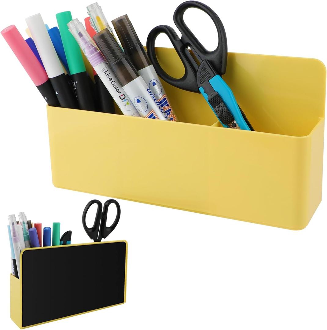 Magnetic Pen Holder,3 Compartments Magnetic Dry Erase Marker Holder,Extra Strong Magnet Storage Marker Pen Pencil Organizer for Refrigerator,Whiteboard,Locker Accessories(Long Style) (Yellow-8.27Inch)