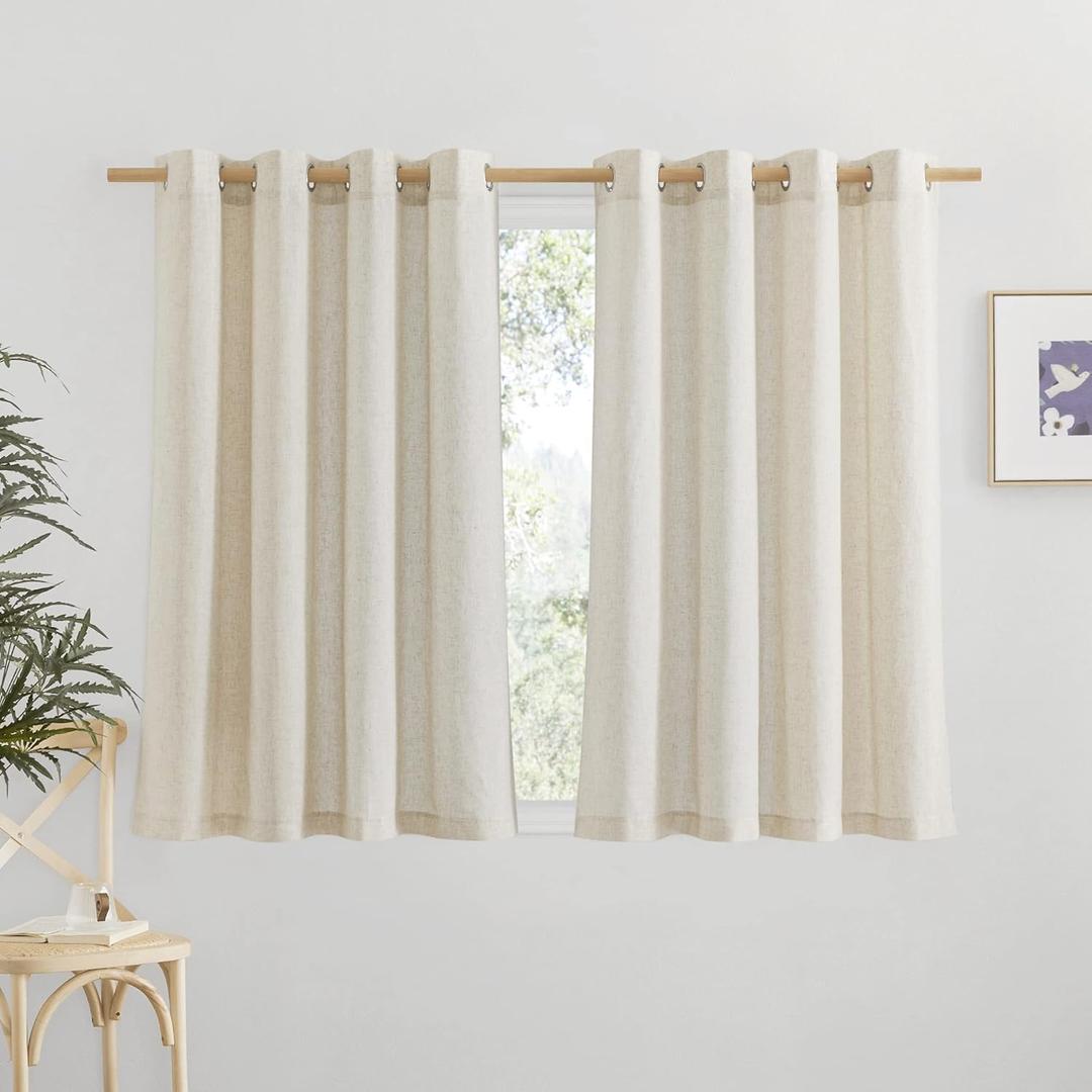 NICETOWN Natural Linen Kitchen Curtains 36 inch Length, Decorative Thick Flax Small Window Treatments Privacy Assured with Light Filtering for Bedroom/Bathroom, W55 x L36, 2 Panels