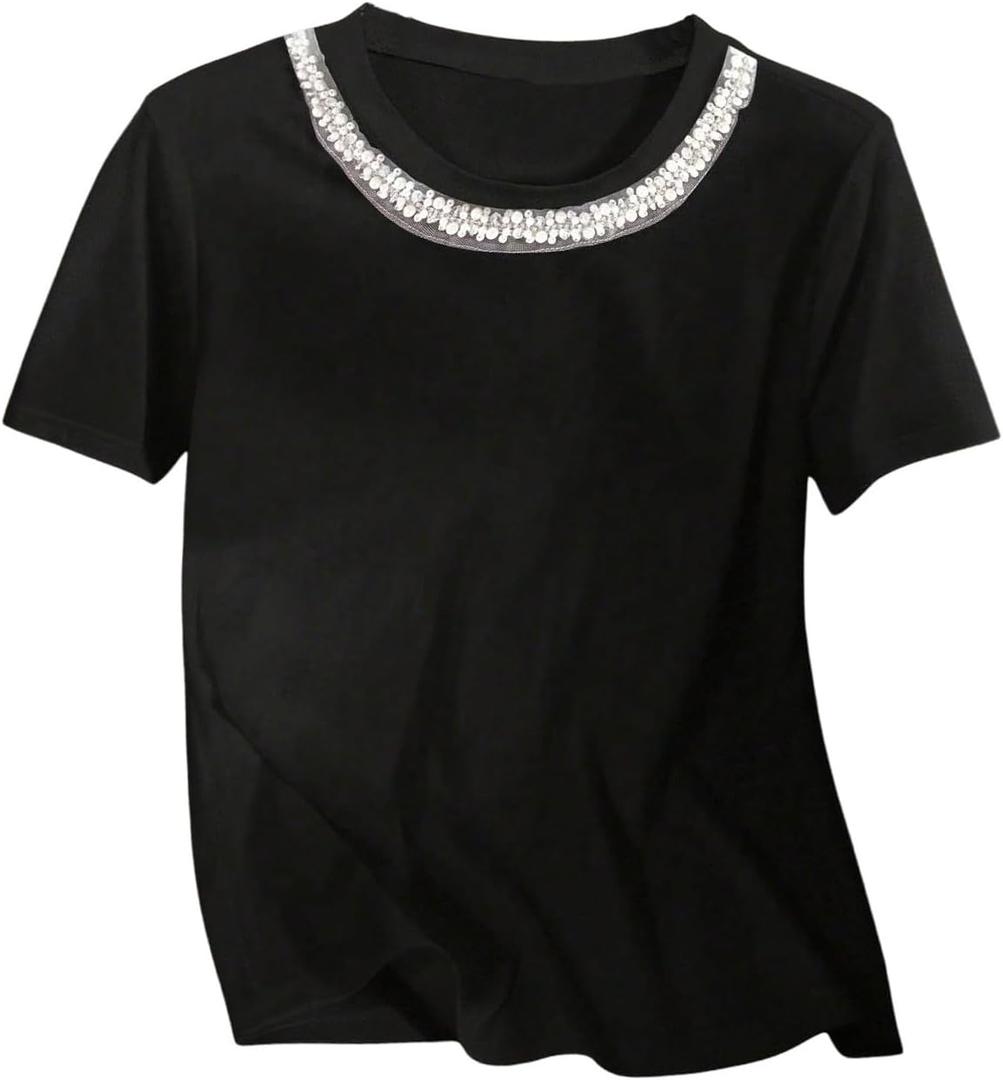 GORGLITTER Women's Pearl Beaded Top Dressy Short Sleeve T Shirts Crew Neck Summer Causal Tee Tops Trendy (Black, M)