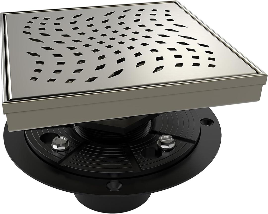 WEBANG 6 Inch Square Shower Drain Nickel Floor Drain with Flange Wave-Hole Pattern Cover Grate Removable SUS304 Stainless Steel Watermark&CUPC Certified Brushed Nickel