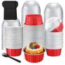 200 Pcs 5 oz Cupcake Liners Mini Aluminum Cake Pans Foil Baking Cups Loaf Pans with Dome Lids and Spoons Disposable Ramekins for Party Christmas Graduation Wedding Birthday(Red)