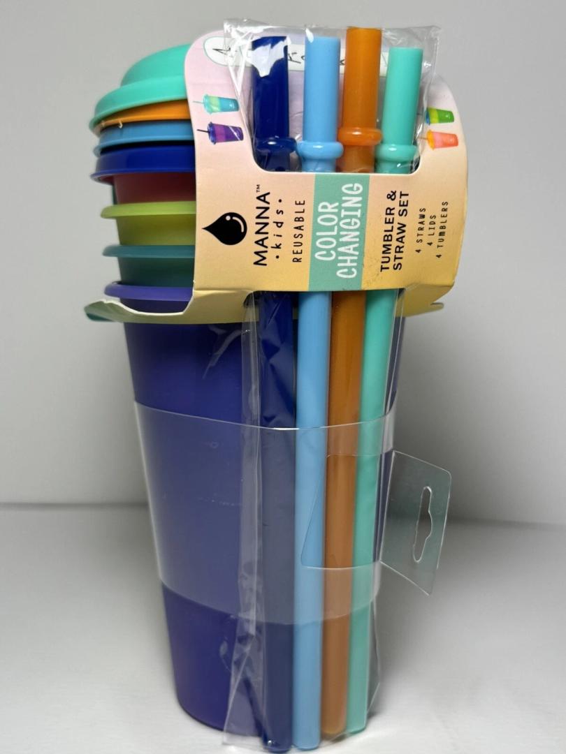 Manna Kids Reusable Color Changing Tumbler & Straw Set ( 12 oz) Each 4 Packs New