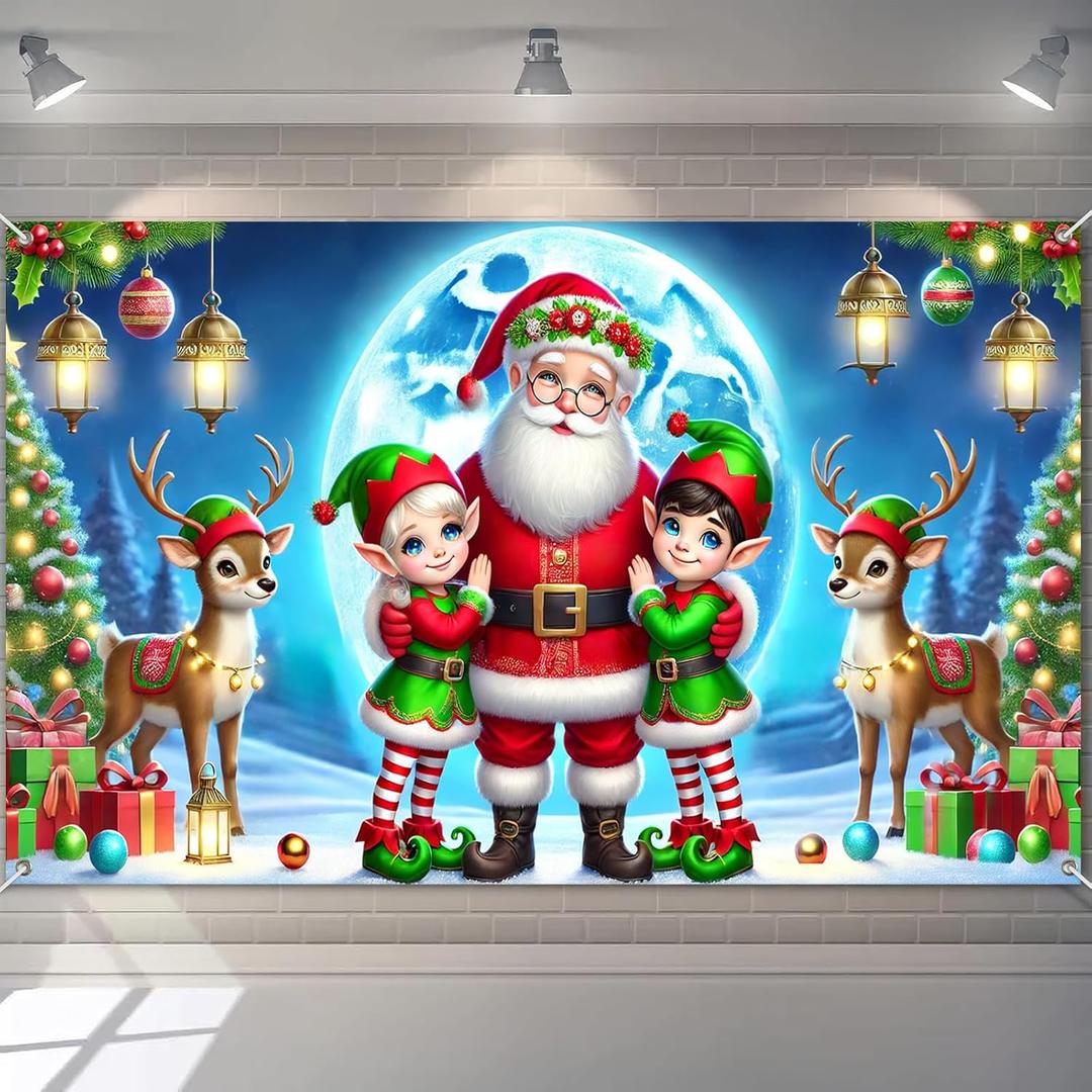 Christmas Backdrop Photography Background Santa Claus Elves Reindeer71x43 Inch Winter Wonderland Happy Holiday Family Party Birthday Glitter Merry Xmas Decoration Photo Booth Prop
