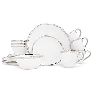 Elanze Designs 16-Piece Metallic Bubble Porcelain Ceramic Plates Bowls Mugs Dinnerware Set - Service for 4, White With Silver Accents