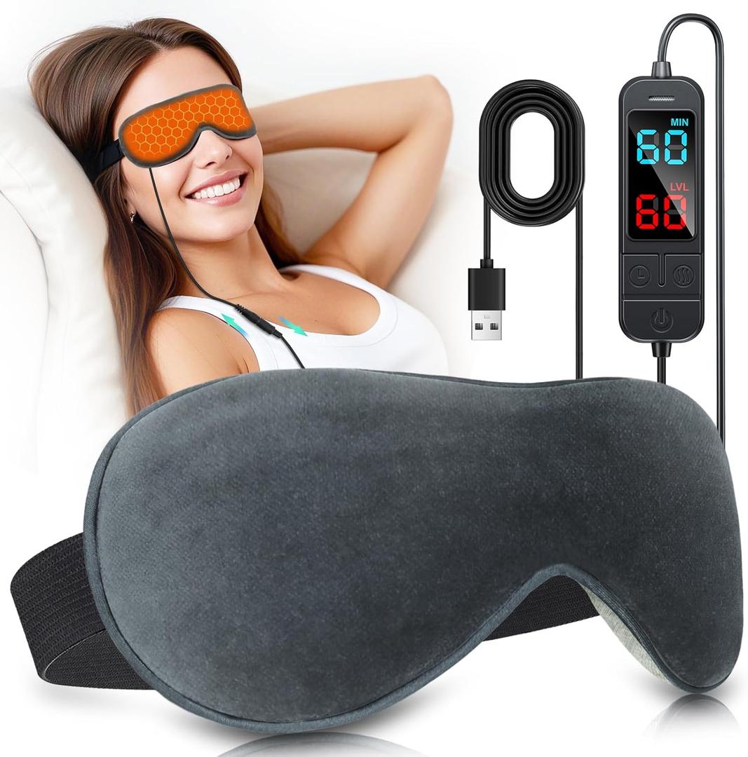 Heated Eye Mask for Dry Eyes, Stye & Migraines Relief - USB Electric Warm Compress with 20 Temp/Time Settings, Washable Flaxseed Cover for MGD, Blepharitis & Eye Strain (Gray)