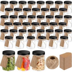 Nitial 50 Pack 5 oz Plastic Jars with Lids Bulk Yogurt Containers with Lids Gift Jars with DIY Craft Twine and Labels Gifts for Birthday Wedding Halloween Christmas Party Favor(Black,Aluminum Lid)