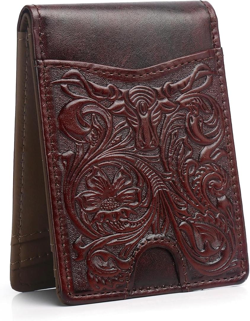 Pefiam Full Grain Leather Bifold Wallet for Men - 11 Slots, RFID Blocking, Gifts for Men - Cowboy Red