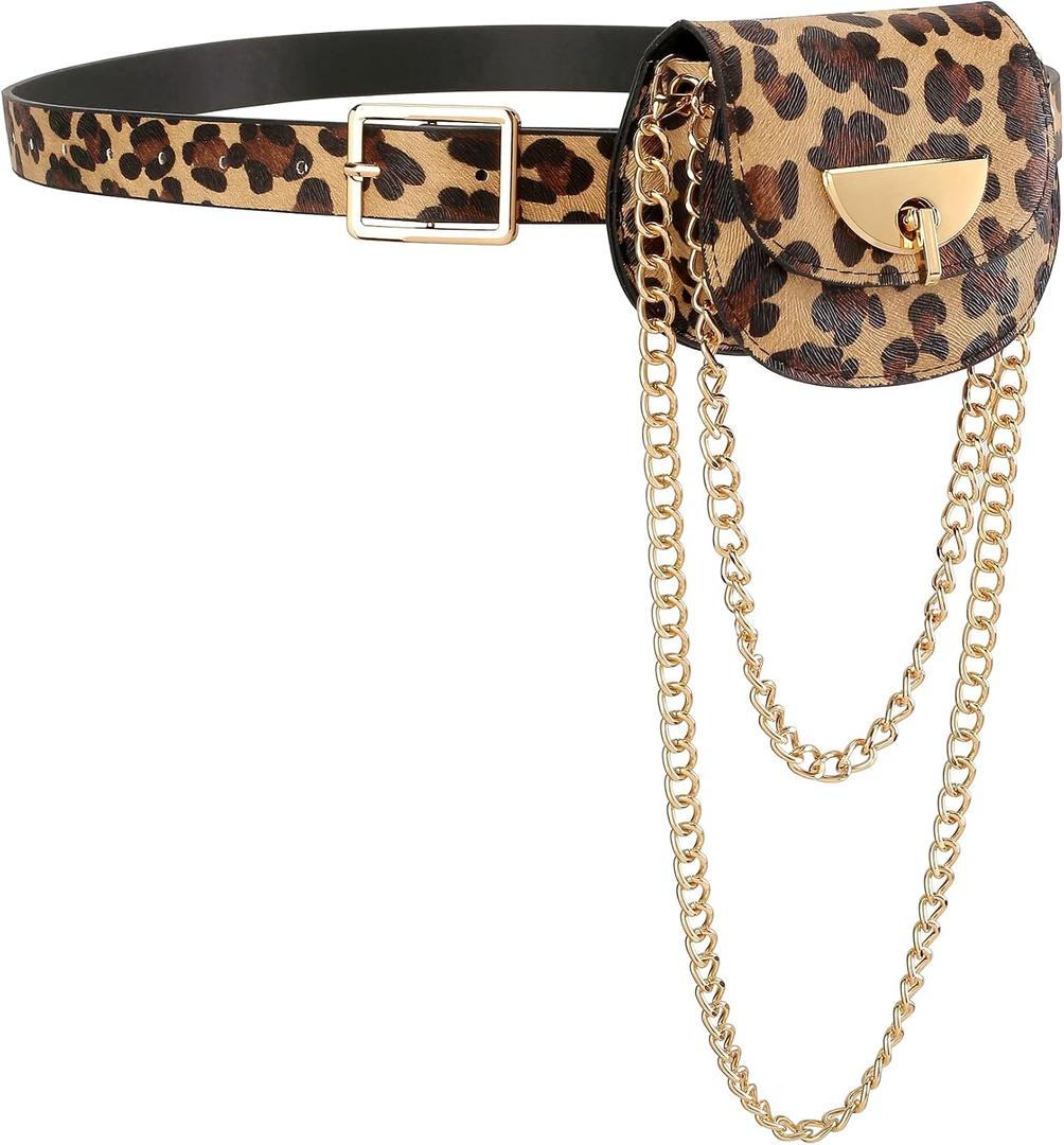 Women Fanny Waist Bag PU Leather Belt Bag for Women Fanny Pack Mini Belt Bag Crossbody Waist Purse Y2K Chain Bag Detachable (Leopard)