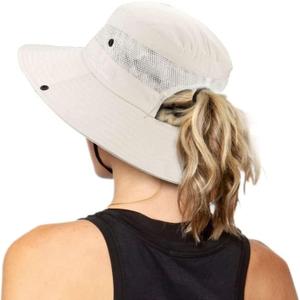 Women's Outdoor UV-Protection-Foldable Sun-Hats Mesh Wide-Brim Beach Fishing Hat with Ponytail-Hole (Beige)
